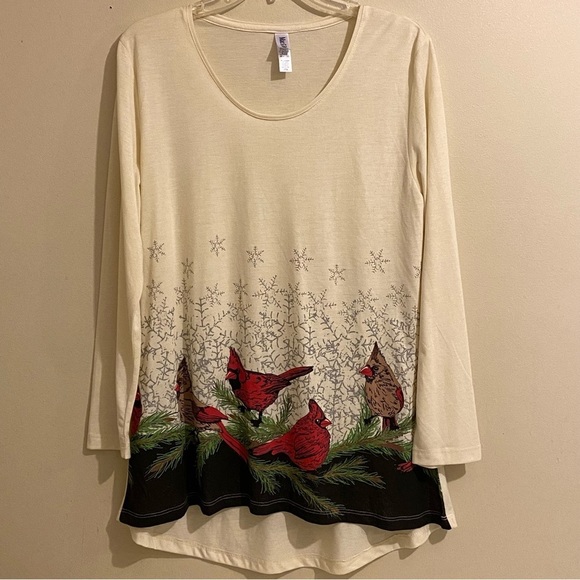 Women’s Mac & Belle Size L Red Birds Pattern Long Sleeves High Low Top - Picture 1 of 9